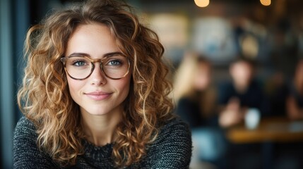 A woman with curly hair and stylish glasses sits confidently at a cafe, possibly working or studying, embodying a modern, youthful, intellectual vibe.