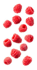 Fresh raspberries falling isolated on transparent background