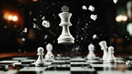 A powerful chess king hovers in mid-air, surrounded by shattering chess pieces, creating a dynamic scene that intrigues with themes of suspense and strategy.