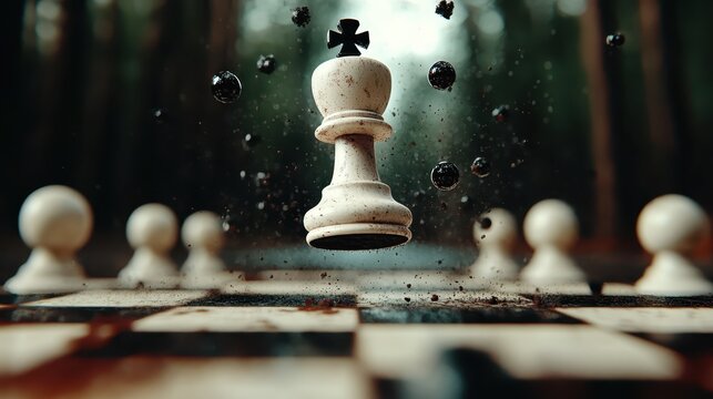 A powerful chess knight piece is displayed in dramatic motion against a dynamic background, highlighting the captivating movement and strategy in the game.