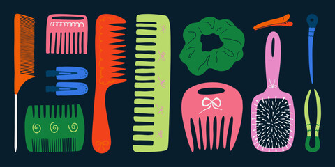 Wide variety of hair brushes for different hair types and styles. Cartoon hairdressing tools for curly and straight hair, detangling combs. Vector set