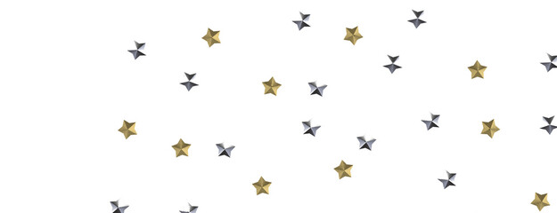 Banner with golden decoration. Festive border with falling glitter dust and stars.