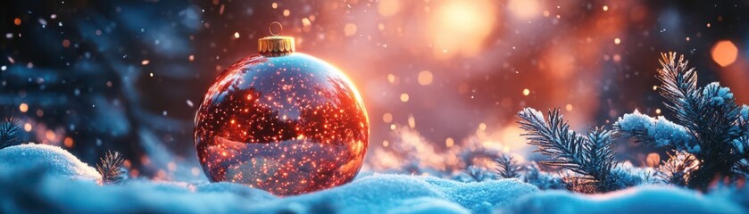 Financial goals wrapped in Christmas cheer. A glowing vision board displayed as a holographic Christmas ornament, floating above a snowy background, futuristic style, vivid colors