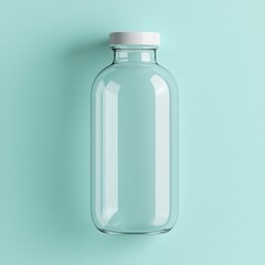 Minimalist concept for mock-up of food packaging bottle. Clear glass bottle with a white cap on a mint background