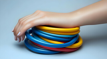 3D Illustration of a Hand on Colorful Rings