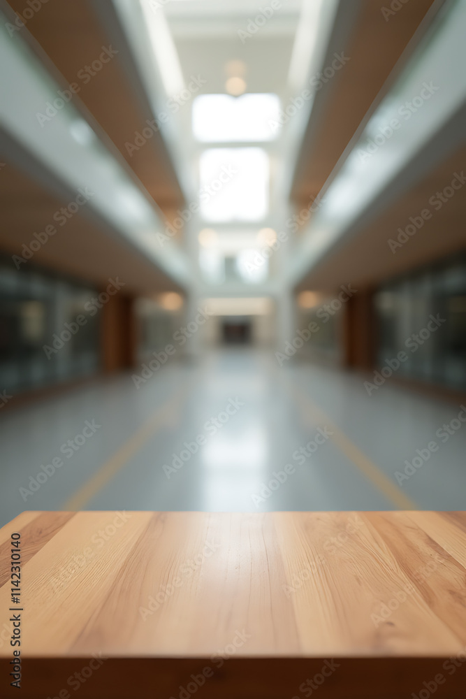 Poster A wooden tabletop sits atop a blurred building in the background of a large empty hallway._00003_