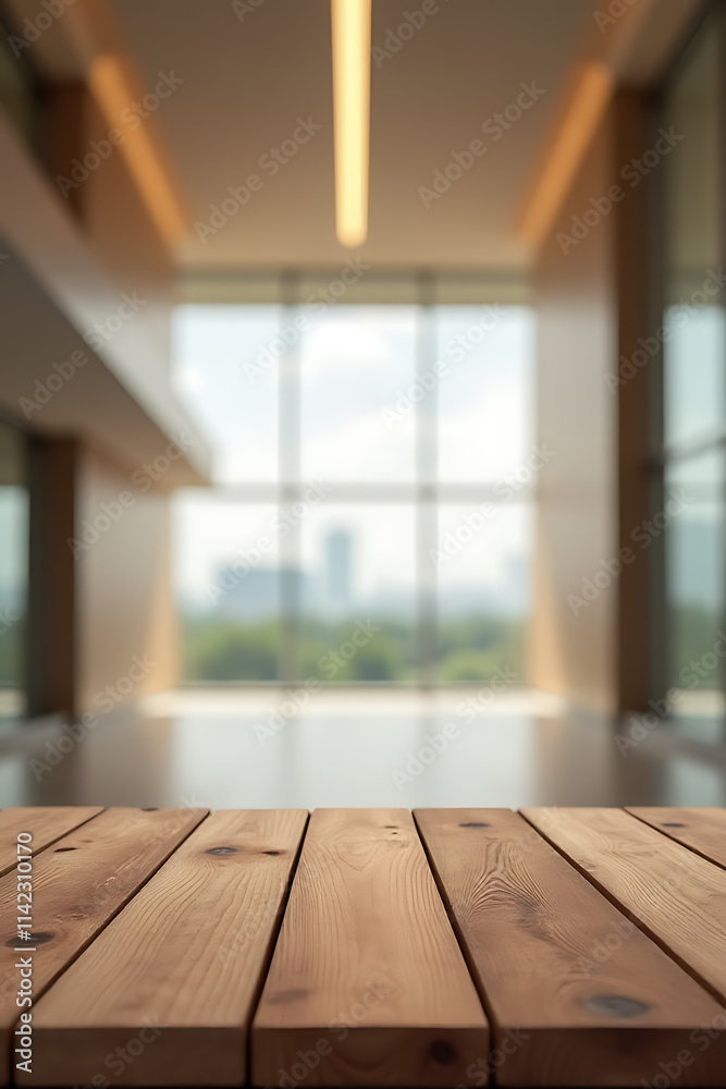 Poster a wooden tabletop sits atop a blurred building in the background of a large empty hallway._00002_