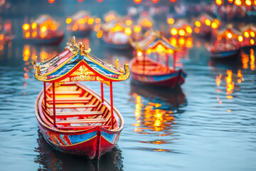 Obraz premium Vibrant dragon boats glowing with red and gold hues on serene lake