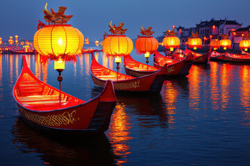 Obraz premium Dragon boats glowing with vivid red and gold hues in lantern lit water
