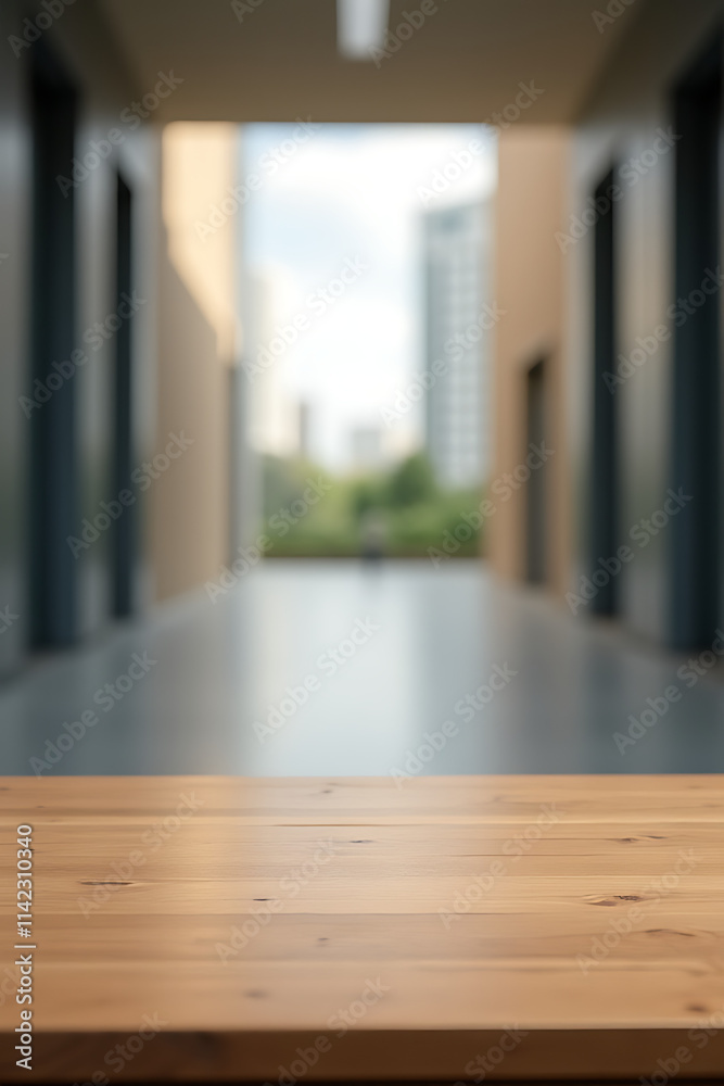 Poster A wooden tabletop sits atop a blurred building in the background of a large empty hallway._00001_