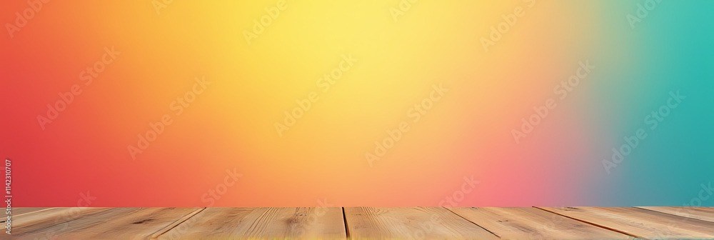 Poster a wooden table top is placed against a vibrant colored background in a visually appealing arrangemen