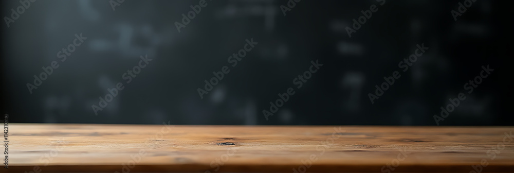 Poster A wooden table top is in sharp focus while its surrounding dark blackboard is blurred out of focus._00002_