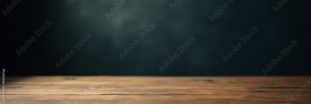 Poster A wooden table top is in sharp focus while its surrounding dark blackboard is blurred out of focus._00001_