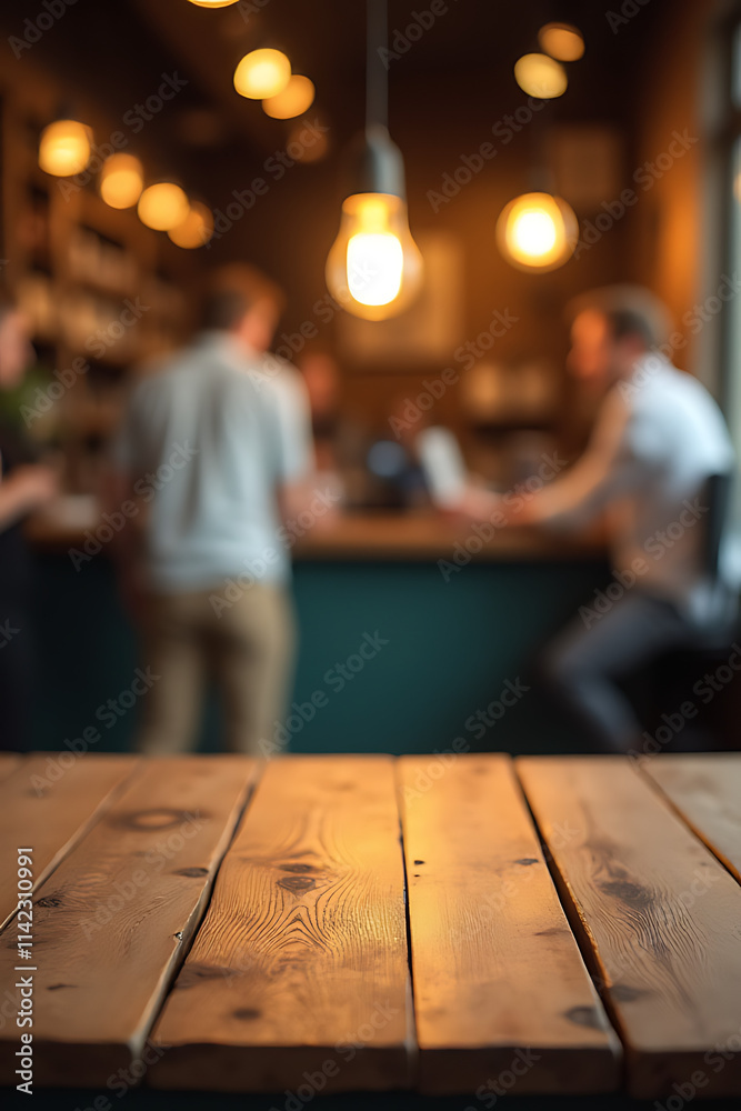 Poster a wooden table top in a blurred background of a busy cafe or shop with a single light bulb shining b