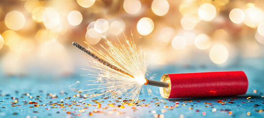 Red firecracker with golden sparks on blue surface, festive atmosphere