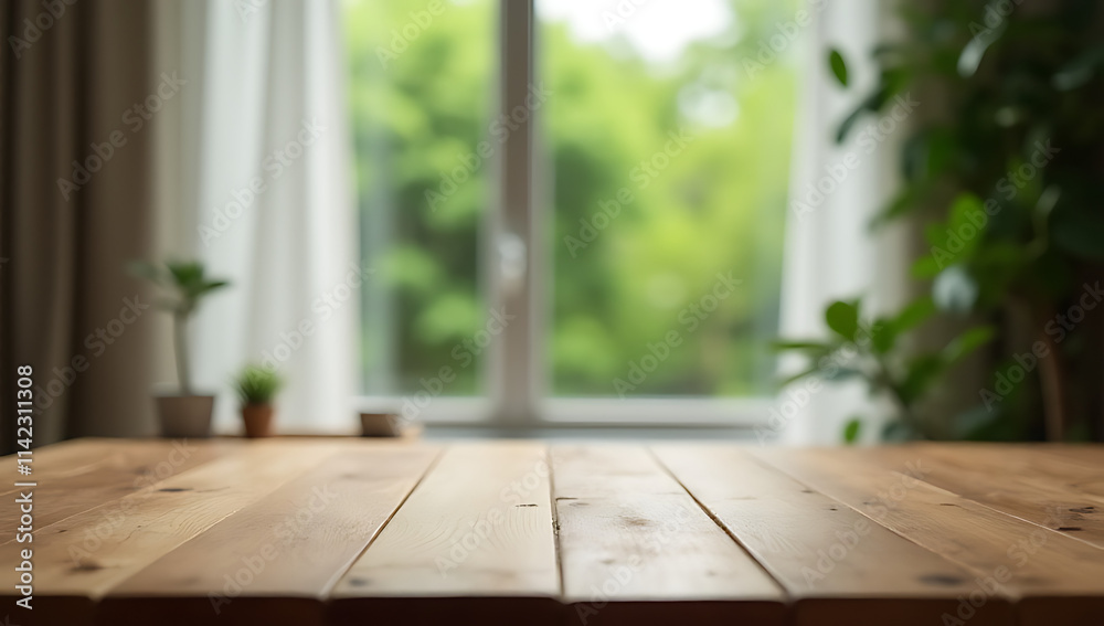 Aufkleber a wood tabletop is visible through a blurred curtain in a room with a window offering a view of a gr