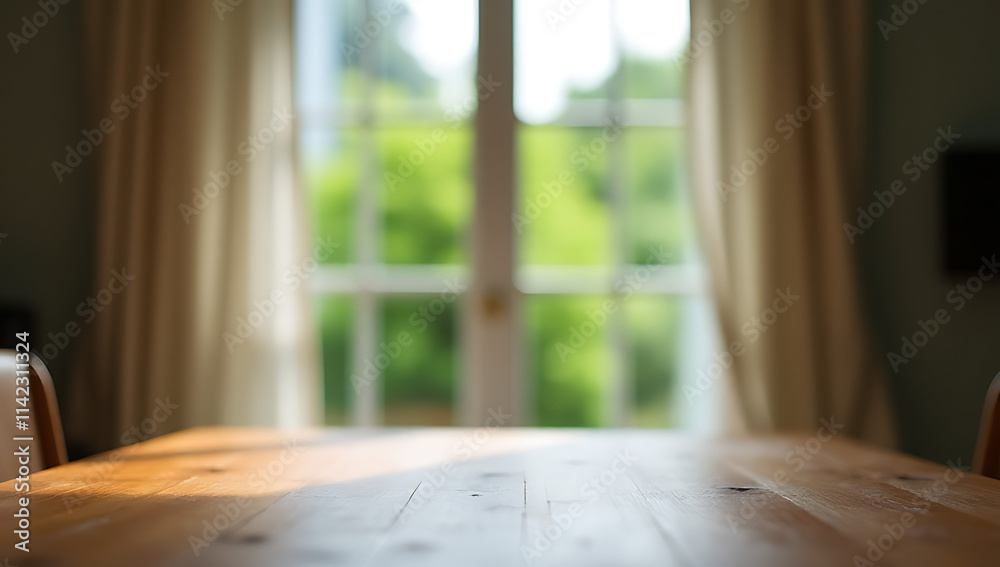 Poster a wood tabletop is visible through a blurred curtain in a room with a window offering a view of a gr