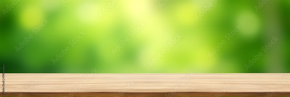 Poster a wood table top serves as a blurred abstract green background for a garden scene suitable for a mon