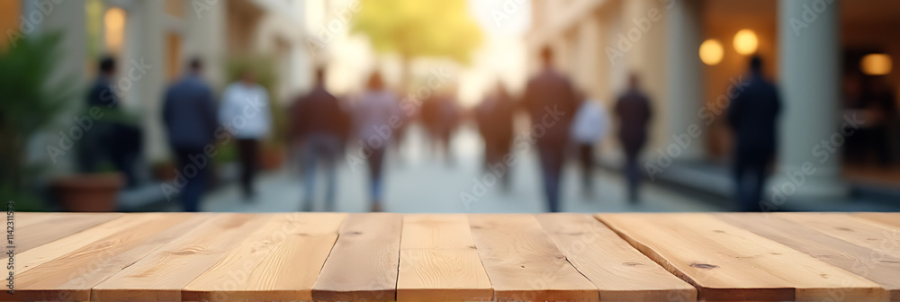 Leinwandbilder a wood table top with a blurred background of people is used to create a montage effect for product 