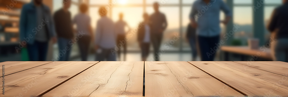 Poster A wood table top with a blurred background of people is used to create a montage effect for product display._00001_