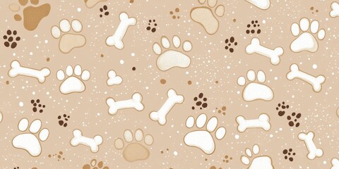 A pattern of dog bones and paw prints on a tan background