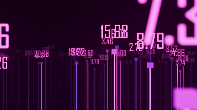 Neon pink and purple numbers of different sizes float with vertical light beams. Dynamic financial or data visualization against dark background. Perfect for stock market or statistics concepts. Loope