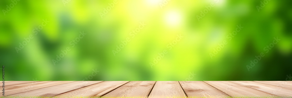 Poster a wood table top serves as a blurred abstract green background for a garden scene suitable for a mon