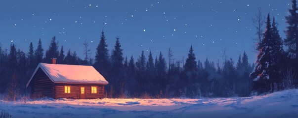 Obraz premium Cozy Wooden Cabin Glowing Under Starry Winter Night