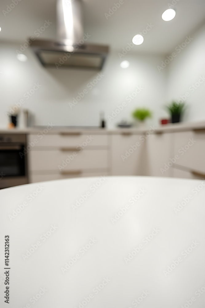 Poster a white wood tabletop is in sharp focus while the surrounding kitchen counter is blurred due to sele