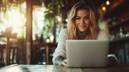 A tattooed woman enjoying a relaxed work session on her laptop in a cozy cafe setting, merging personal style and professional environment seamlessly.