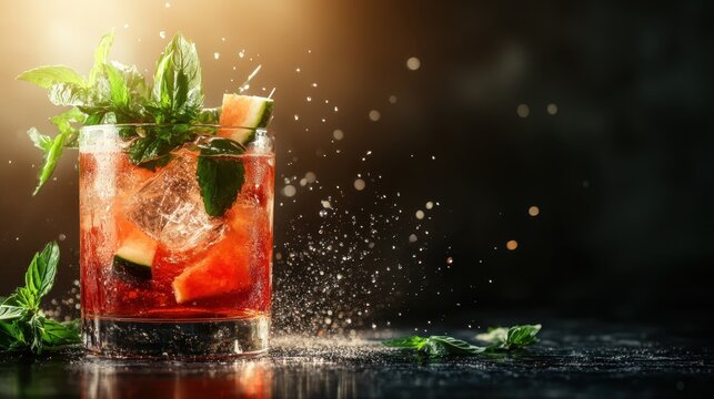 A lively red cocktail featuring watermelon and mint, with artistic liquid splashes captured in mid-air, offering a dynamic and joyful beverage experience.