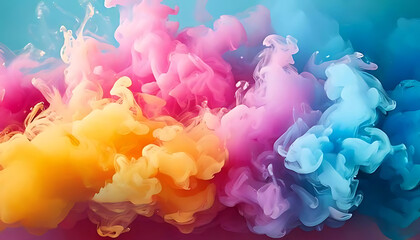 Obraz premium A background showing a soft explosion of faint pink, blue and yellow pastel smoke. The image