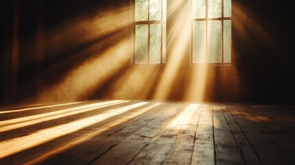 The warm sunlight streams diagonally through the window panes, casting long shadows over the dusty wooden floor, creating an ethereal and serene atmosphere indoors.