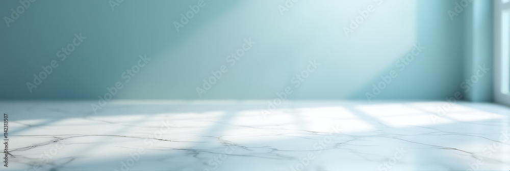 Poster a soft light casts on a clean marble surface while selective focus blurs the surrounding blue sky._0