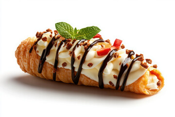 Delicious dessert with cream, chocolate, and mint garnish.