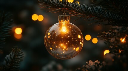 Illuminated Glass Ornament Hanging On Snowy Christmas Tree Branch