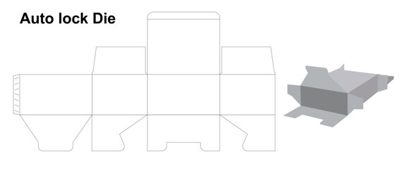 Top auto bottom lock or Snap Bottom Lock box dieline template with 3D render box