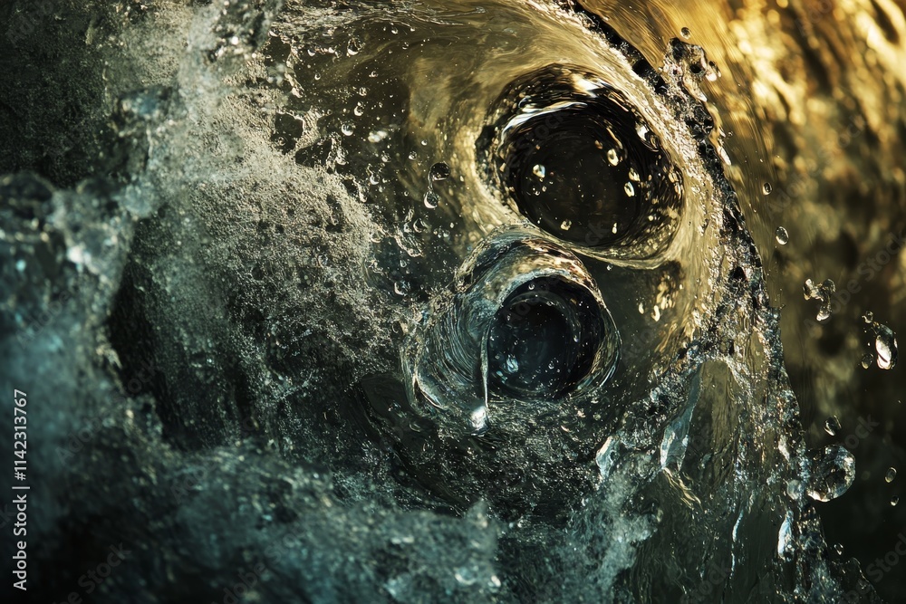 Poster Close-up of swirling water, creating a vortex with air bubbles and splashes.