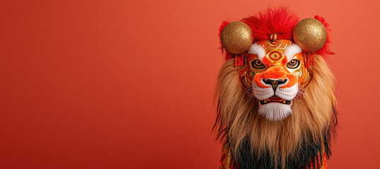 Obraz premium Lion dance figure with bold gold and red tones on orange background
