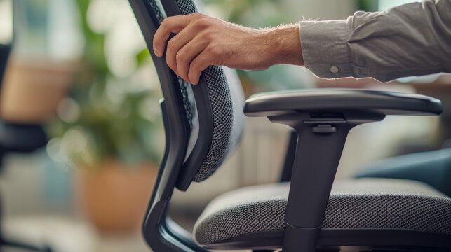 A close-up of hands adjusting the height of an ergonomic chair, with a focus on the lumbar support and cushion in an office environment