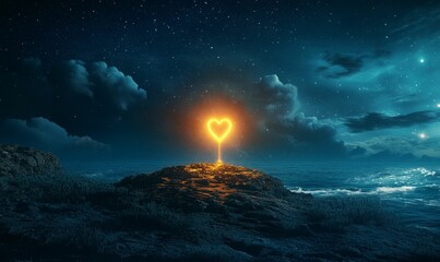 Fiery heart glows atop coastal rock, night sky.