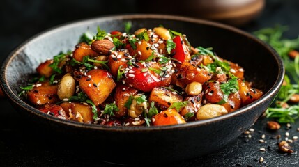 A vibrant, colorful vegetable dish with an assortment of spices, garnished with fresh herbs and nuts in a dark bowl, representing a nutrition-rich, flavorful meal.