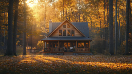 picturesque house surrounded by golden autumn pines, radiating warmth