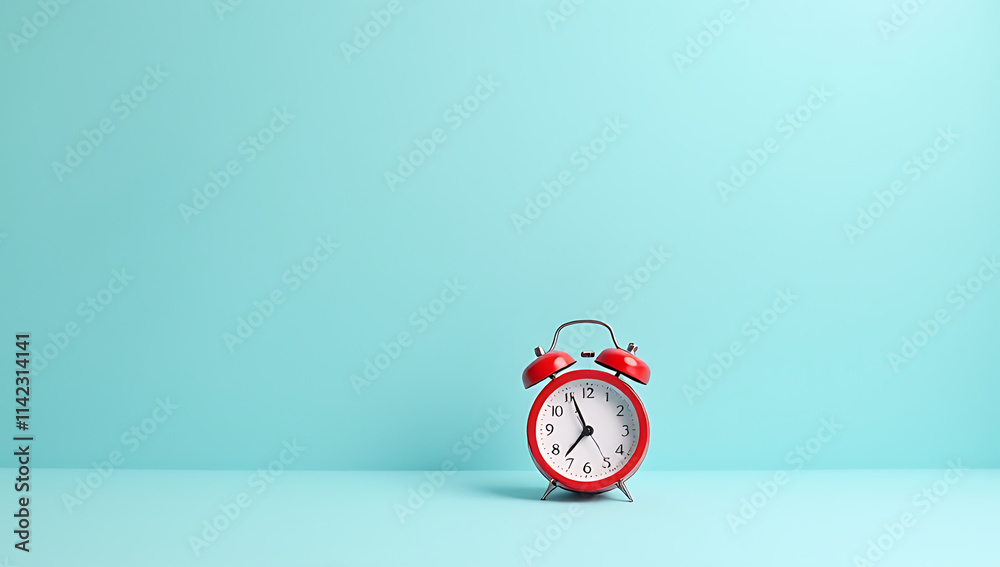 Poster a small red alarm clock sits prominently against a soft blue pastel background creating a visually s