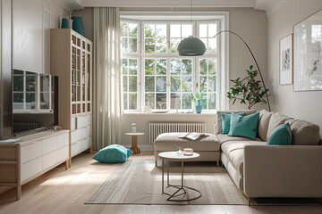 The stylish boho compostion at living room interior with design green sofa, coffee table and elegant personal accessories. Honey pillow and mirrors. Cozy apartment. Home decor