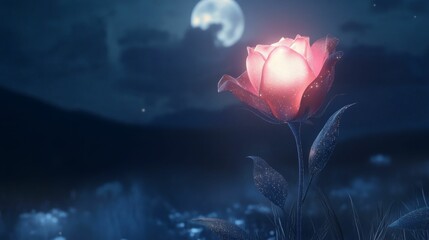 Glowing rose, moonlit night, sparkling field.