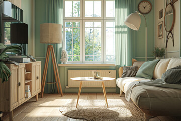 The stylish boho compostion at living room interior with design green sofa, coffee table and elegant personal accessories. Honey pillow and mirrors. Cozy apartment. Home decor