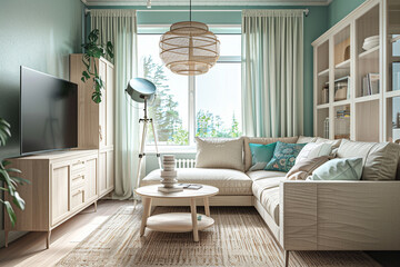 The stylish boho compostion at living room interior with design green sofa, coffee table and elegant personal accessories. Honey pillow and mirrors. Cozy apartment. Home decor