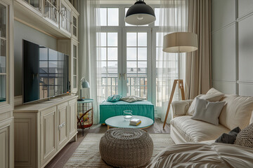 The stylish boho compostion at living room interior with design green sofa, coffee table and elegant personal accessories. Honey pillow and mirrors. Cozy apartment. Home decor