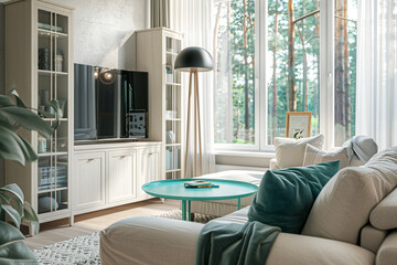 The stylish boho compostion at living room interior with design green sofa, coffee table and elegant personal accessories. Honey pillow and mirrors. Cozy apartment. Home decor